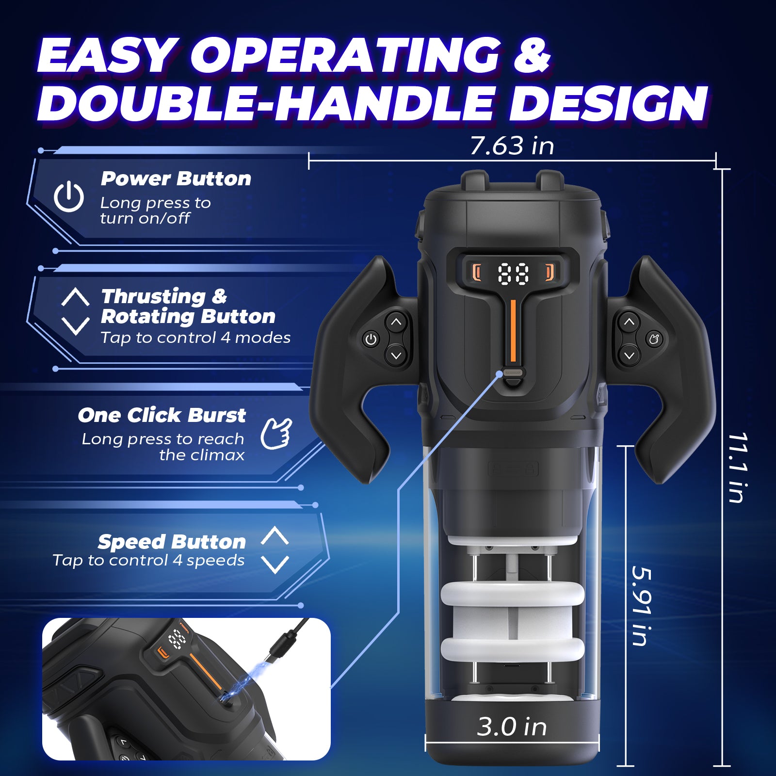 Thrusting and Rotating Male Masturbator - Unique Male Sex Toys Thrusting on Shaft Rotating on Glans for 4 Speeds, Sex Toys for Men with Handles & Digital Display & One-Click Burst, Sergeant Major