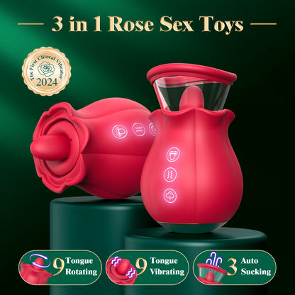 Sucking Vibrator Rose Sex Toy - 3 in 1 Adult Sex Toys Removable Cup for Clit Clitoral Nipple Stimulation, 360° Rotation G spot Vibrator with 9 Tongue Licking & Vibration & 3 Suctions, Women Sex Toys