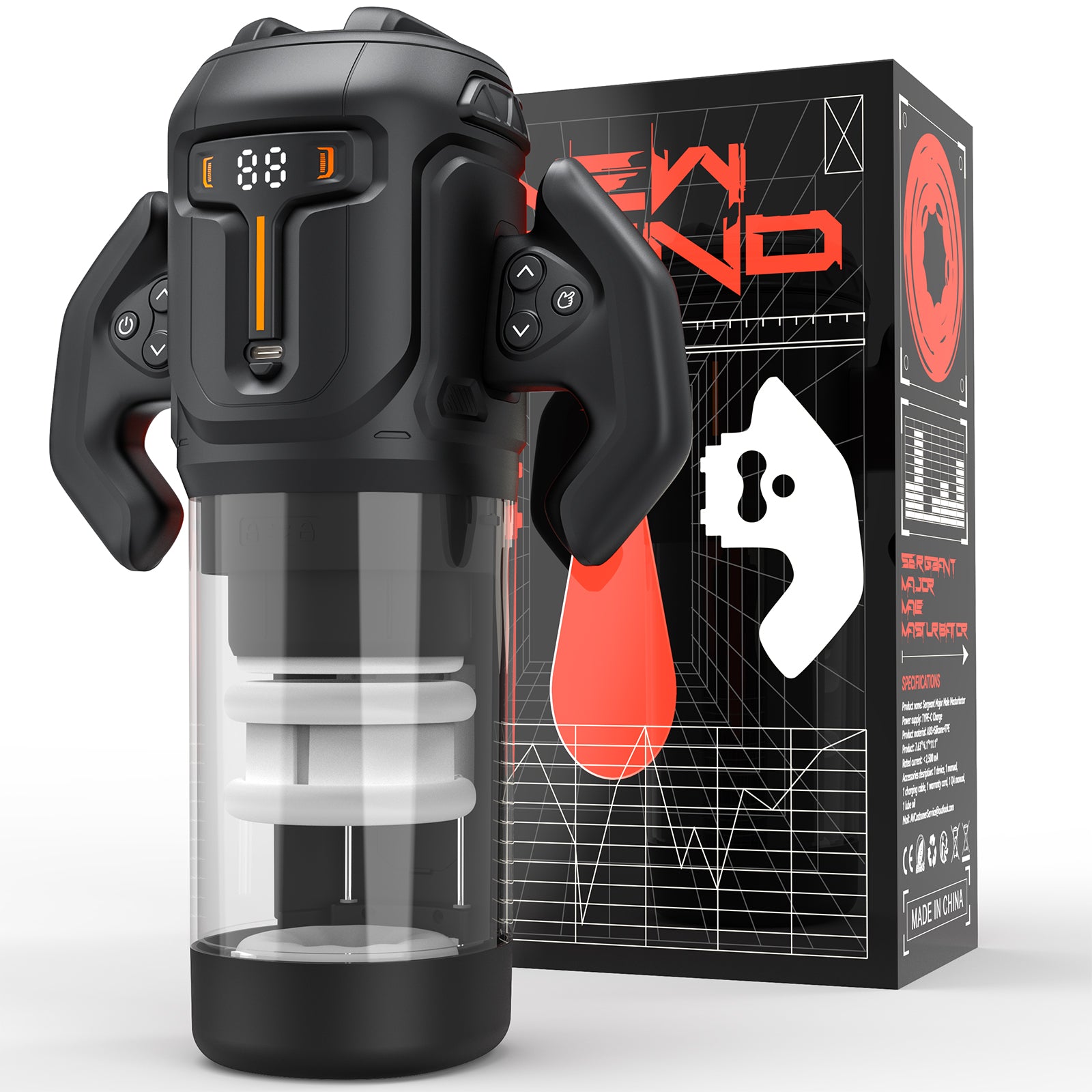 Thrusting and Rotating Male Masturbator - Unique Male Sex Toys Thrusting on Shaft Rotating on Glans for 4 Speeds, Sex Toys for Men with Handles & Digital Display & One-Click Burst, Sergeant Major