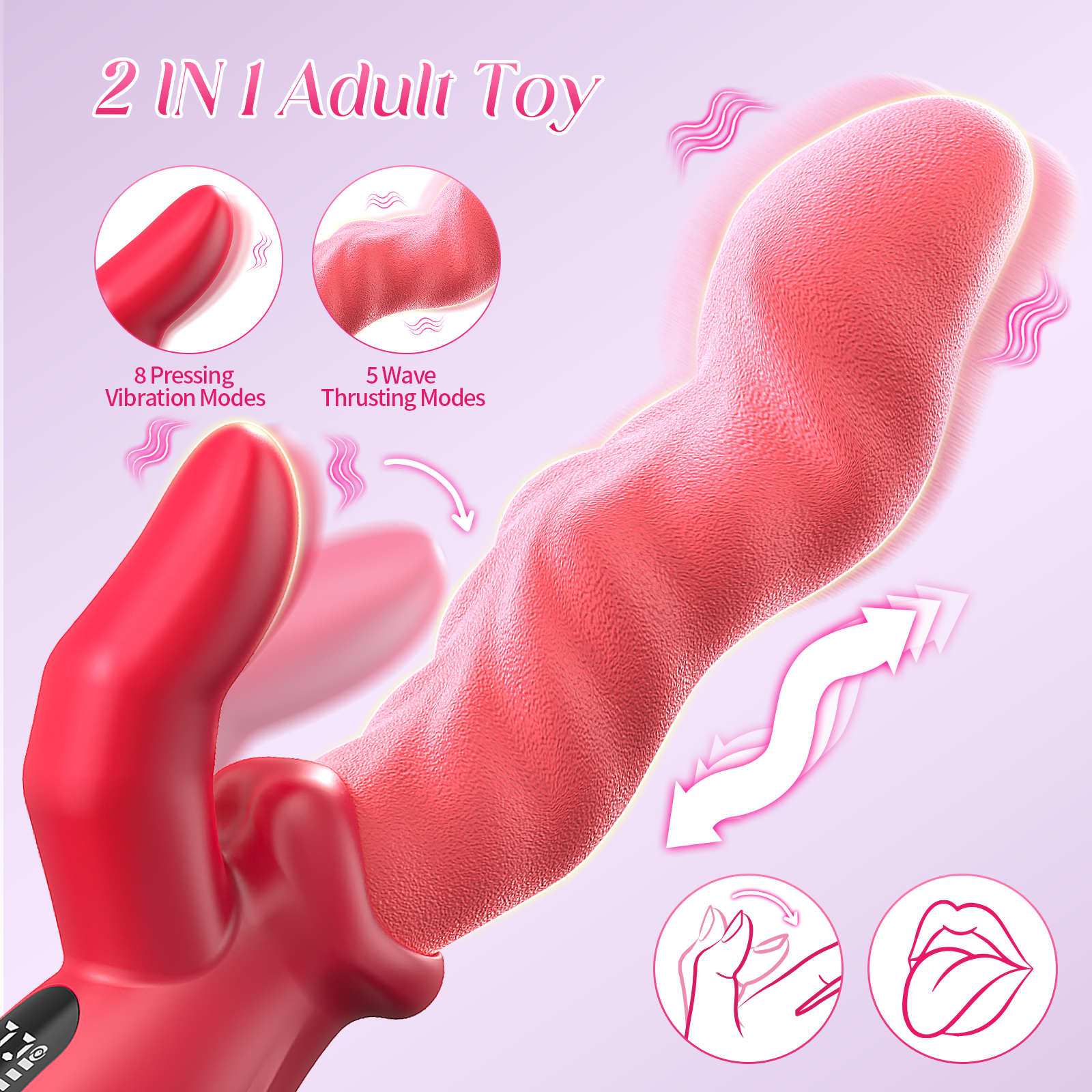 Thrusting Dildo Vibrator for Women – Tongue Finger Vibrators 2 in 1 Dual Stimulation Sex Toys, 5 Wave Thrusting Modes & 8 Pressing Vibrations LED Display for Adult Sex Toys & Games, Rose Vibrator