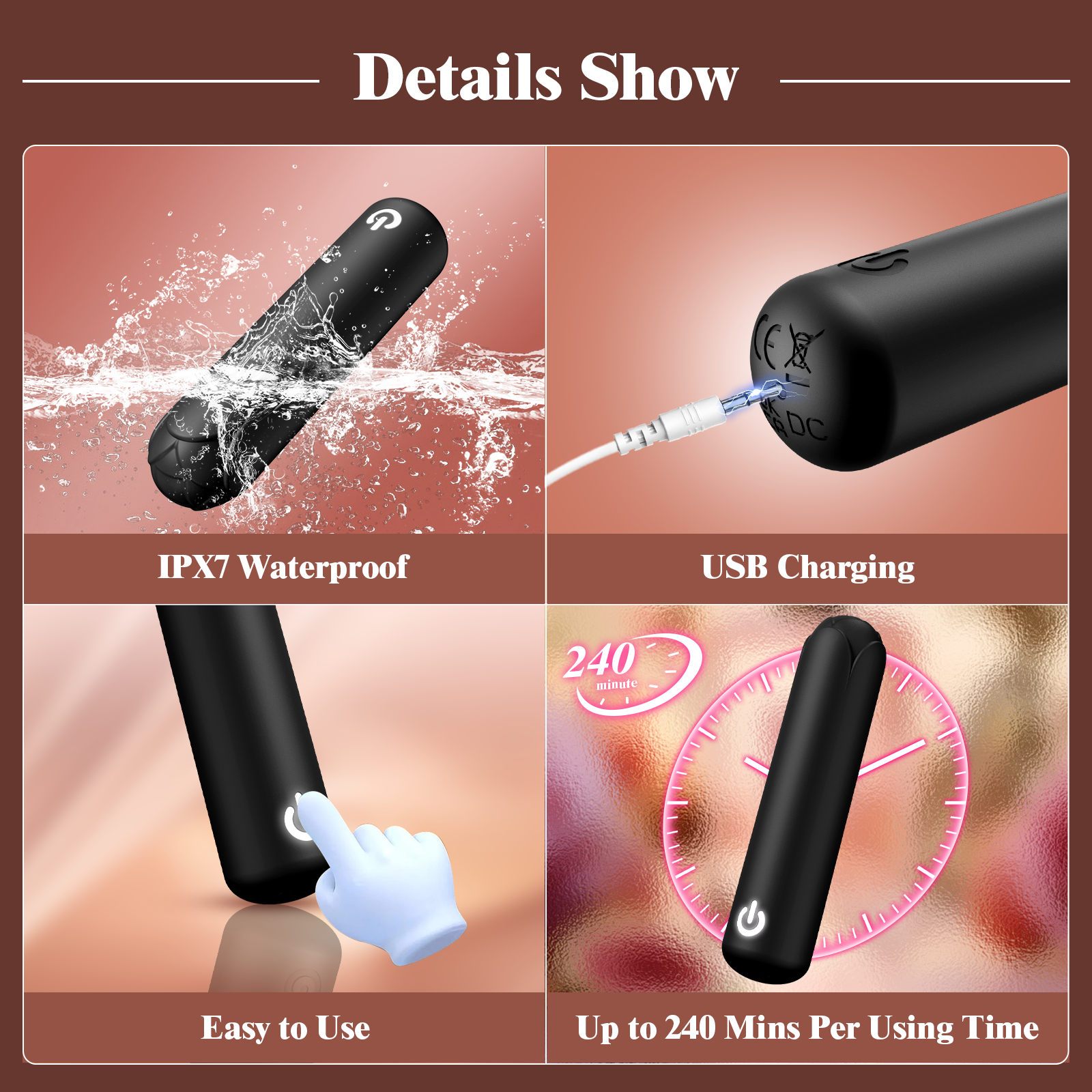 Rose Sex Toy Bullet Vibrator, Mini Bullet Vibrator for Women with 10Vibrations, Full Silicone Clit Massager with Rose Tip for Nipple Stimulation, Female Finger Lipstick Pocket