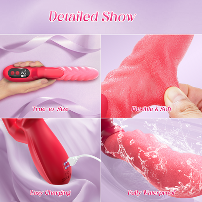 Thrusting Dildo Vibrator for Women – Tongue Finger Vibrators 2 in 1 Dual Stimulation Sex Toys, 5 Wave Thrusting Modes & 8 Pressing Vibrations LED Display for Adult Sex Toys & Games, Rose Vibrator