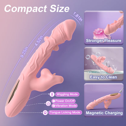 G Spot Vibrator Rose Sex Toys - 3 in 1 Tongue Vibrator Adult Sex Toy with 6 Wiggling 7 Licking & 10 Vibrating Modes, Rabbit Vibrators Realistic Dildo Clitoral & Anal Stimulator for Women Beginners